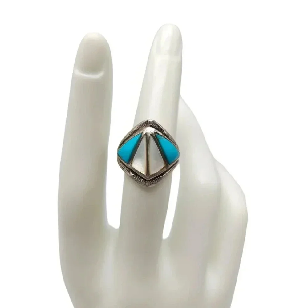 Old Pawn Sterling Silver Mother of Pearl and Sleeping Beauty Turquoise Ring